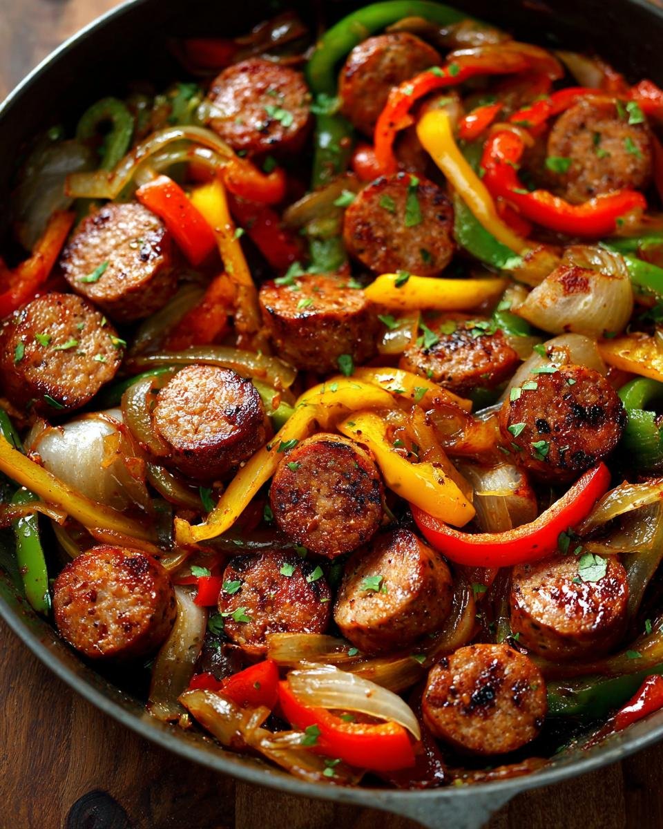 Close-up of browned sausage slices mixed with sautéed red, yellow, and green bell peppers and onions in a Sausage And Peppers Skillet.