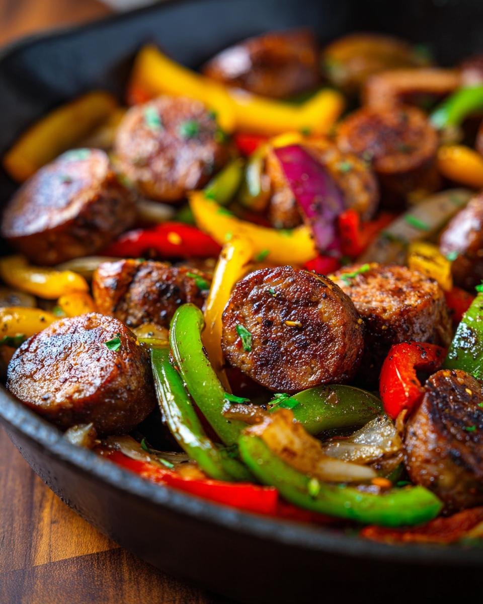 Close-up of browned sausage slices mixed with colorful bell peppers and onions in a Sausage And Peppers Skillet.