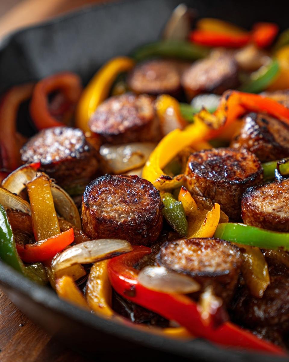 Close-up of browned sausage slices mixed with colorful sautéed bell peppers and onions in a black skillet, highlighting the Sausage And Peppers Skillet.
