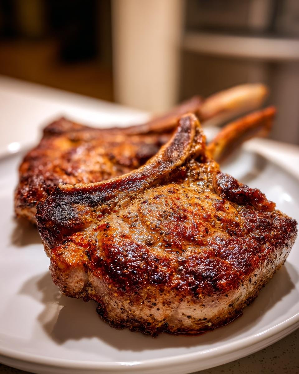 Close-up of two perfectly seared, bone-in Ranch Pork Chops with a dark, seasoned crust.