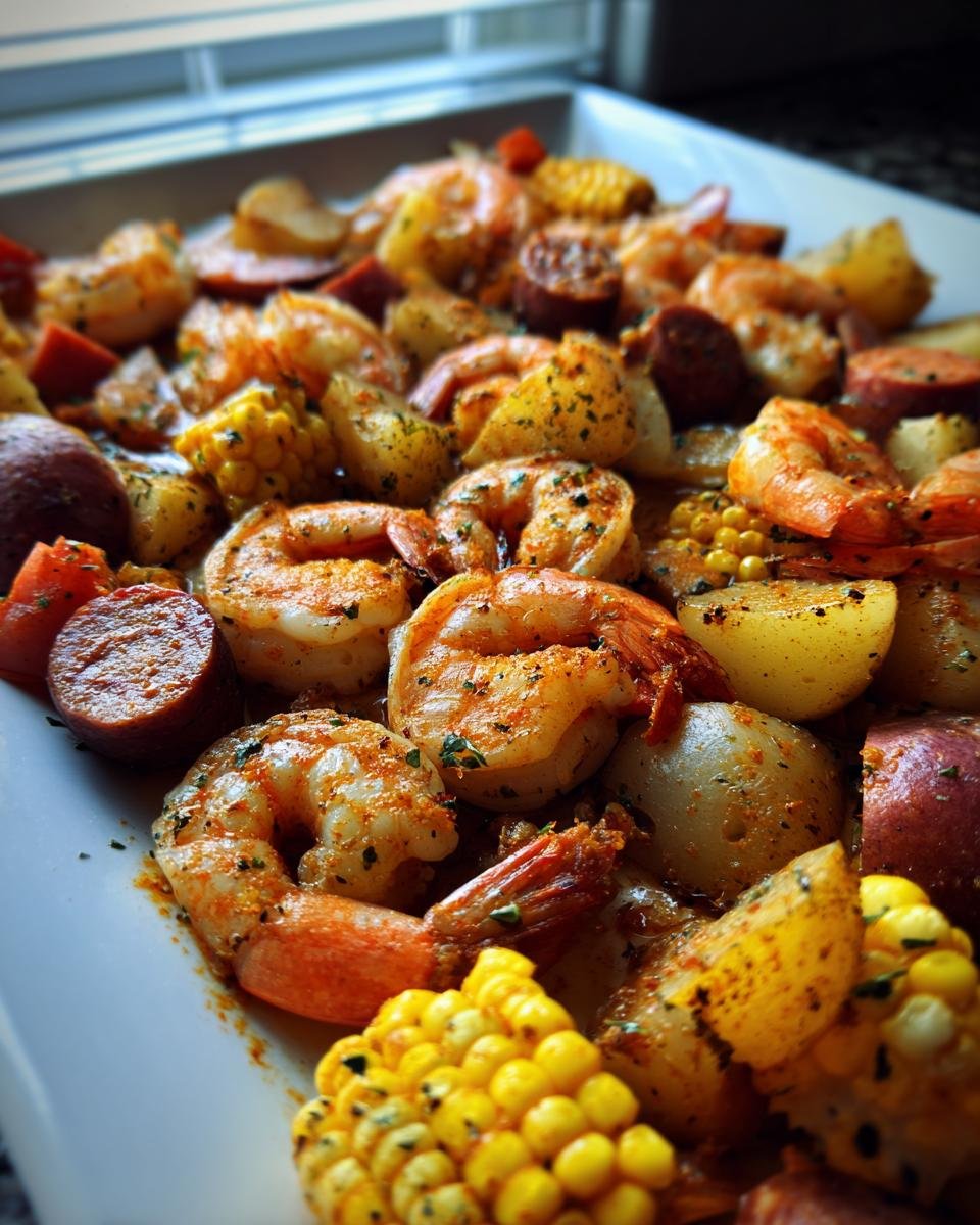 Close-up of seasoned shrimp, corn on the cob, potatoes, and sausage from a Sheet Pan Shrimp Boil served on a white platter.