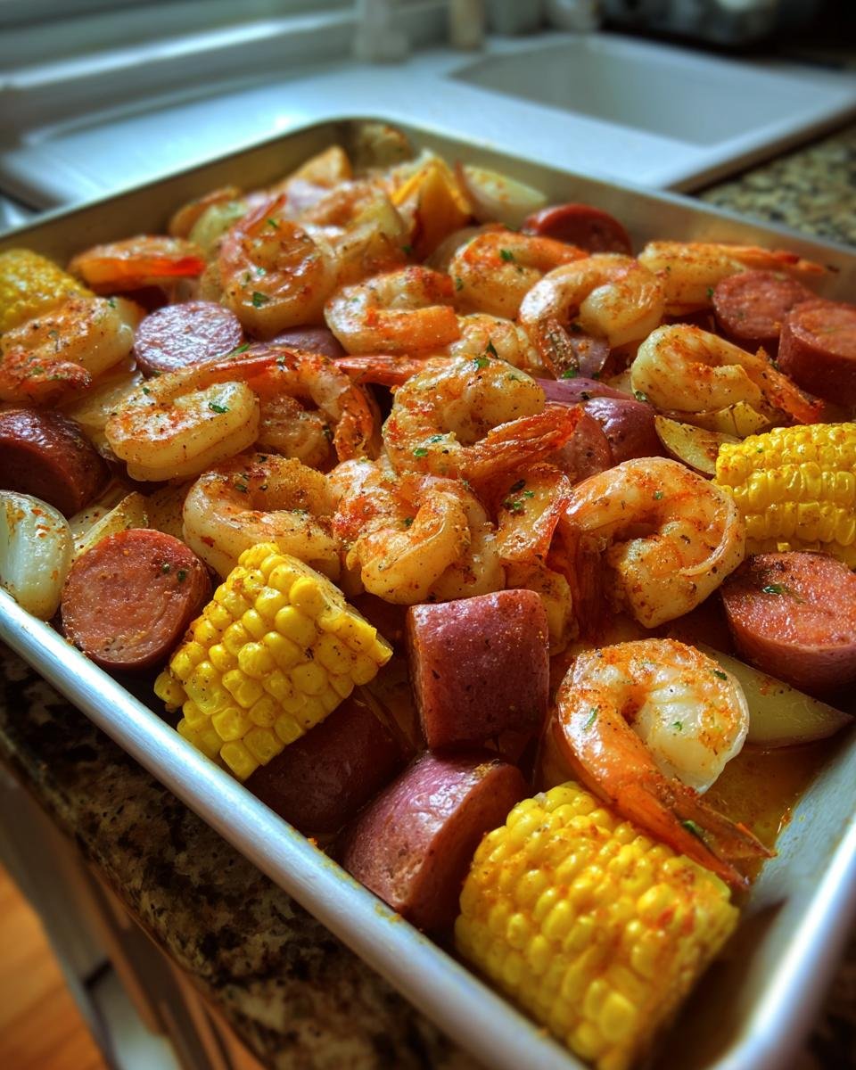 Close-up of a Sheet Pan Shrimp Boil featuring seasoned shrimp, corn on the cob pieces, smoked sausage, and red potatoes.