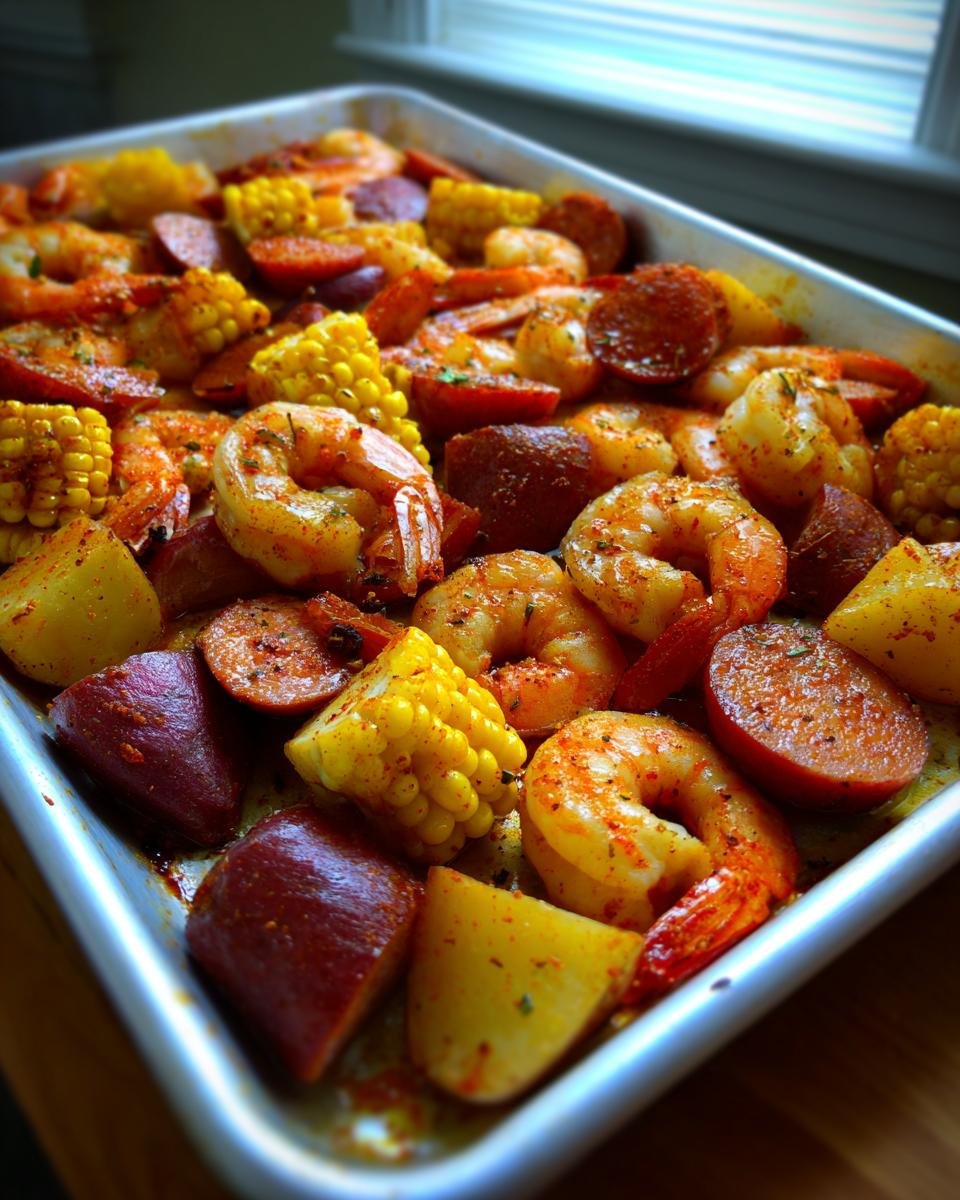 Close-up of a white sheet pan filled with seasoned shrimp, corn on the cob pieces, potatoes, and sliced sausage for a Sheet Pan Shrimp Boil.