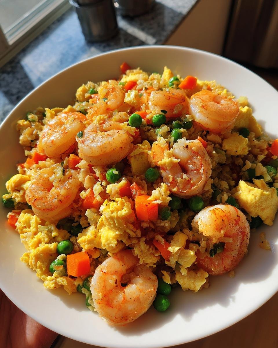 A close-up of a white bowl filled with vibrant Shrimp Fried Cauliflower Rice, featuring large shrimp, scrambled egg, peas, and carrots.