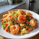 A close-up of a white plate piled high with Shrimp Fried Cauliflower Rice, featuring large shrimp, scrambled egg, peas, and carrots.