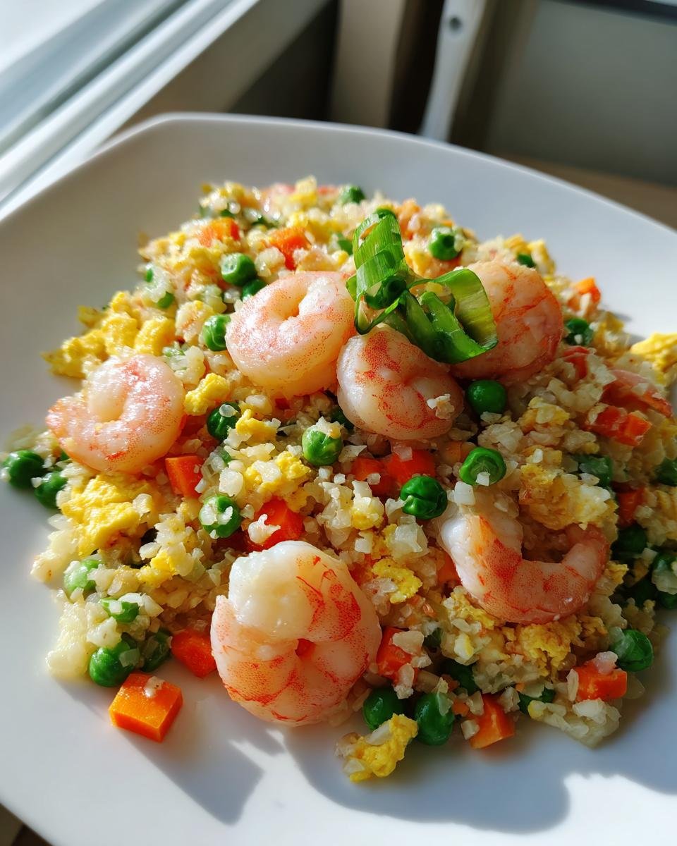 Close-up of Shrimp Fried Cauliflower Rice mixed with scrambled egg, peas, and diced carrots, garnished with green onion.
