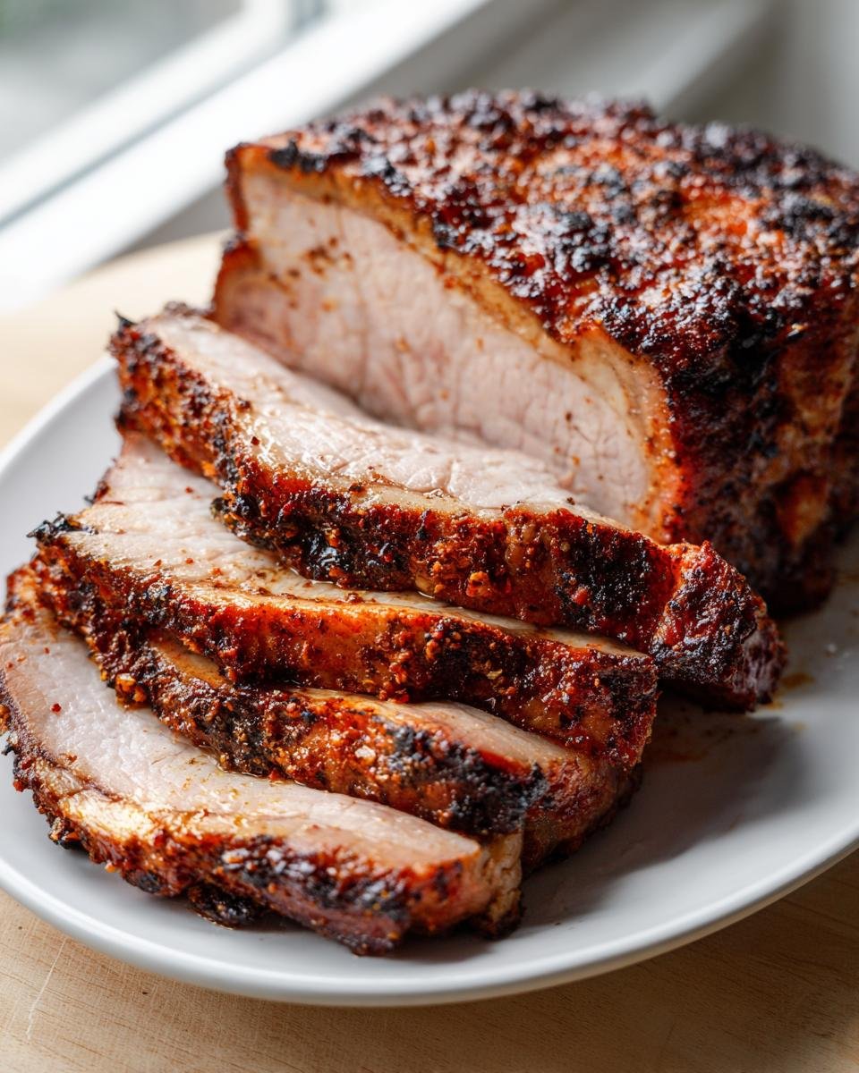 Thick slices of juicy Grilled Pork Roast showing a dark, flavorful spice crust served on a white plate.