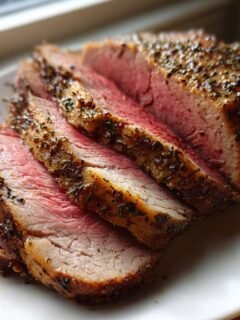 Close-up of medium-rare, herb-crusted Sirloin Tip Roast sliced on a white plate.