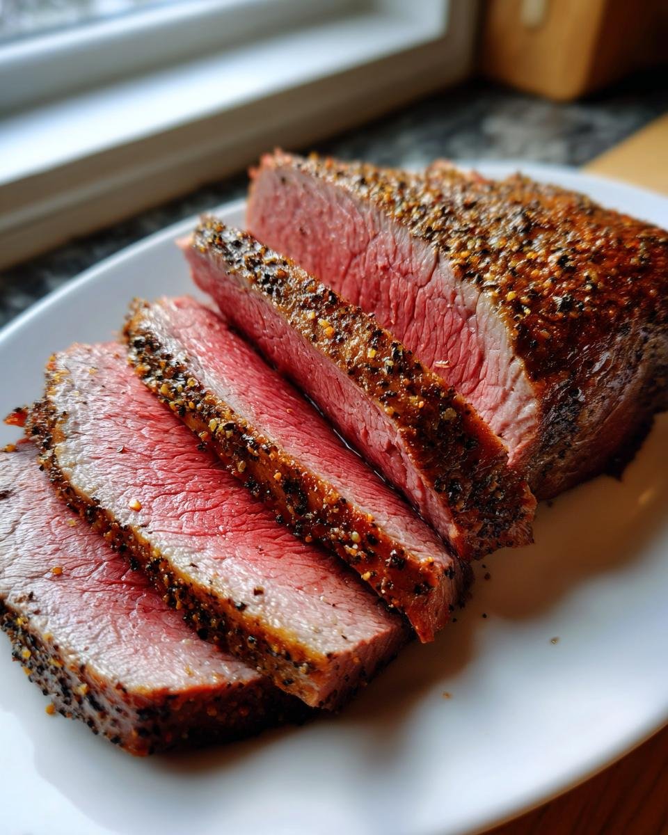 Close-up of a juicy, medium-rare Sirloin Tip Roast, sliced and showing a thick pepper crust.