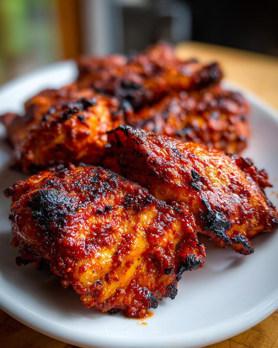 Close-up of several pieces of grilled Piri Piri Chicken, coated in a vibrant red, slightly charred marinade.