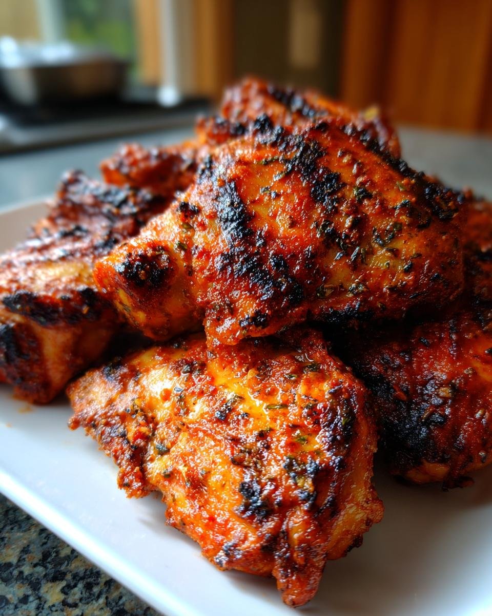 Close-up of several pieces of grilled Piri Piri Chicken coated in a vibrant red, spicy marinade with visible char marks.