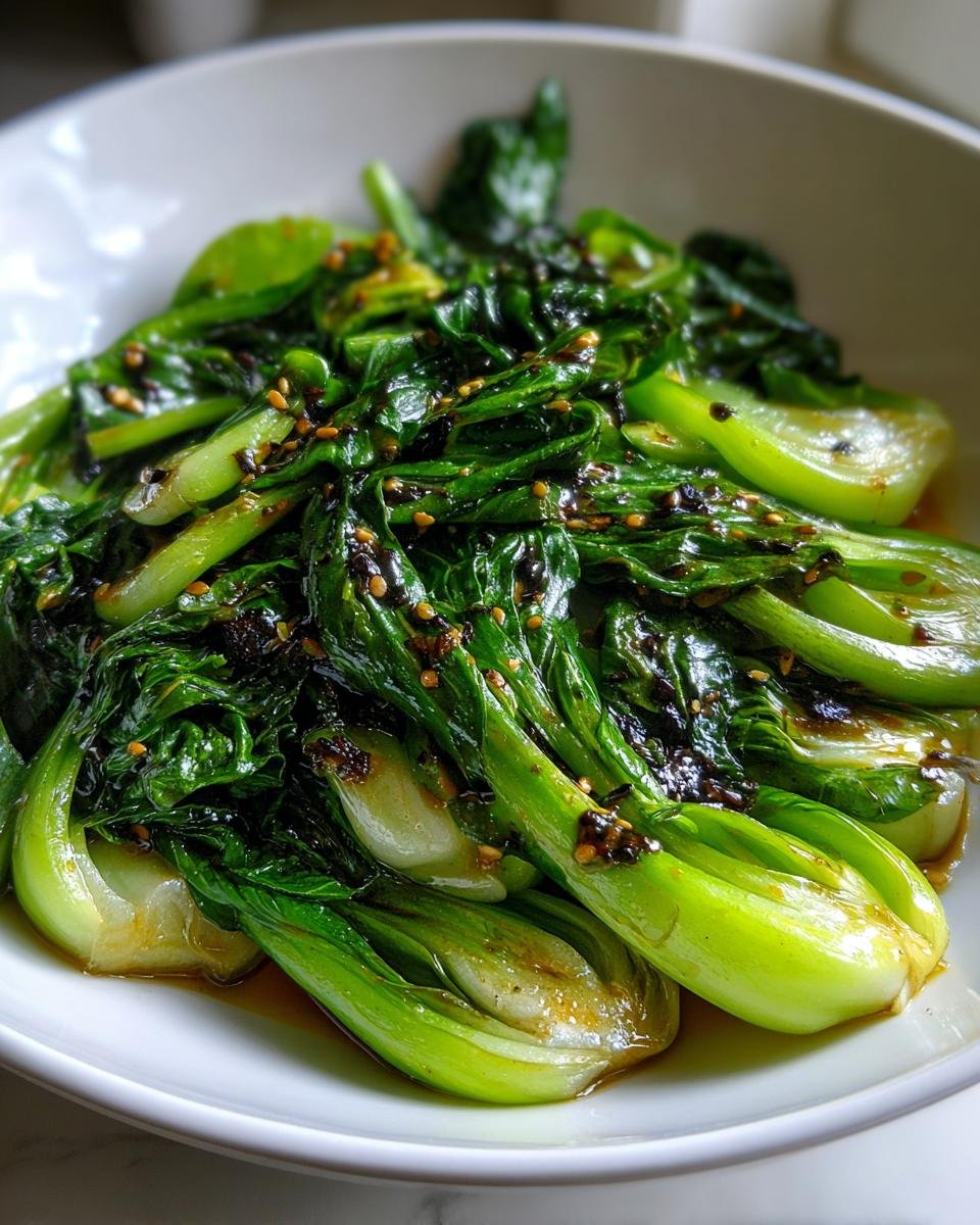 A close-up of vibrant green, stir-fried Baby Bok Choy coated in a savory sauce and sprinkled with sesame seeds.