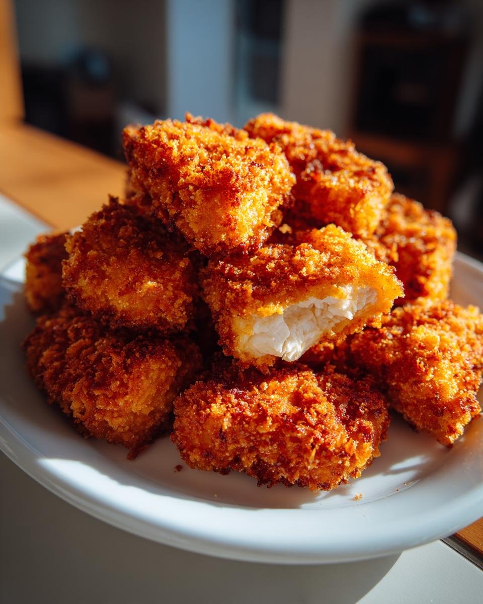 A pile of golden brown, crispy Air Fryer Chicken Nuggets on a white plate, one nugget broken open showing white chicken meat.