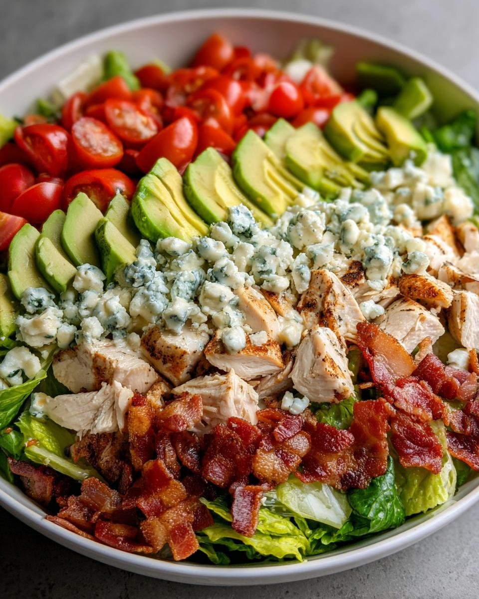 Close-up of a large bowl featuring a colorful Cobb Salad with rows of grilled chicken, bacon, blue cheese, avocado, and tomatoes.