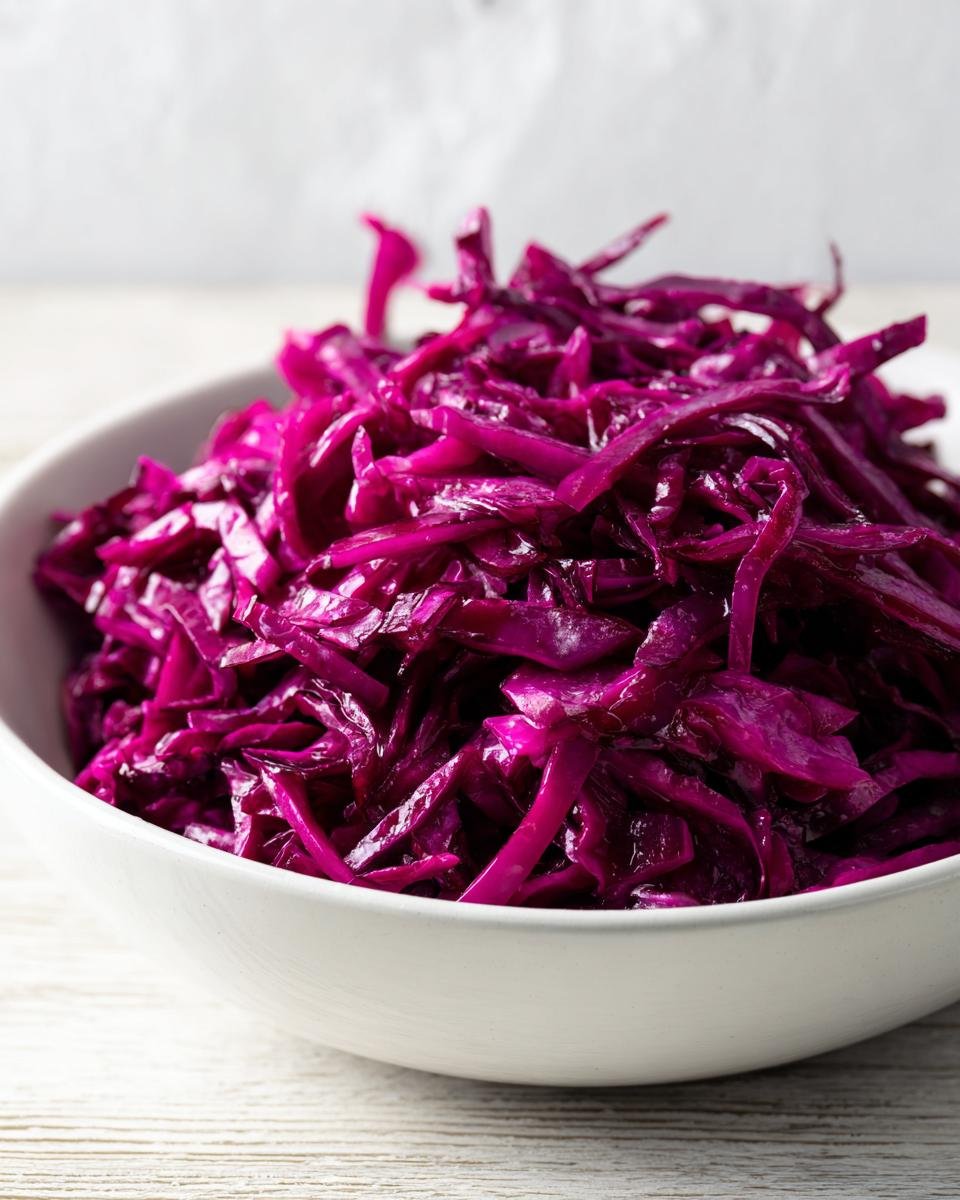 Close-up of vibrant, shredded red cabbage slaw piled high in a white bowl on a light wooden surface.