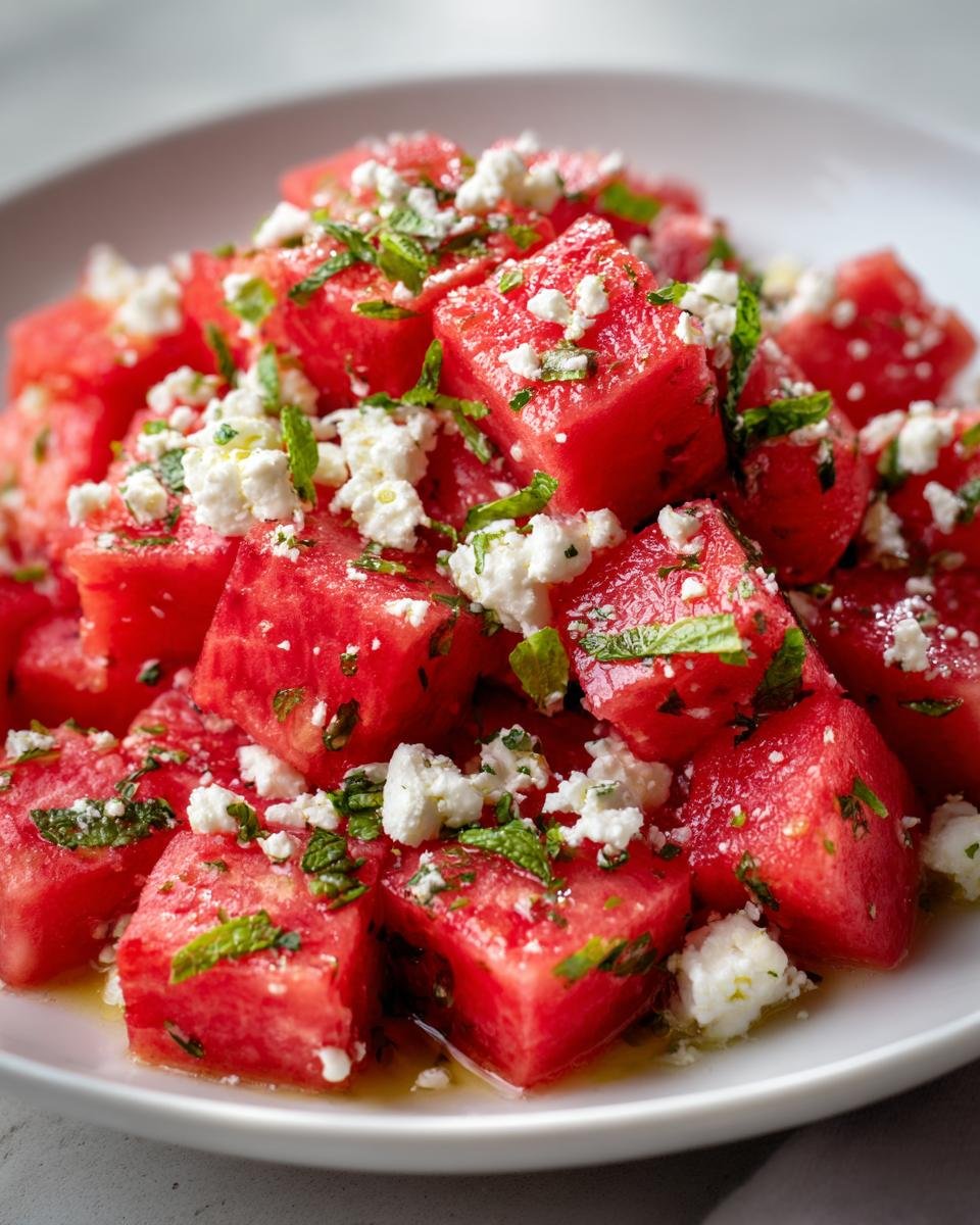 Close-up of juicy, cubed Watermelon Salad topped with crumbled feta cheese and fresh mint.