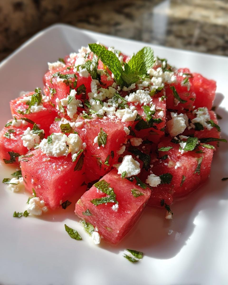 Close-up of cubed watermelon salad topped with crumbled feta cheese and fresh mint leaves.