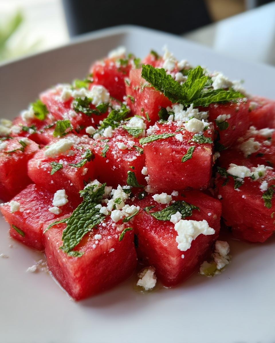 Close-up of vibrant Watermelon Salad cubes topped with crumbled feta cheese and fresh mint leaves.