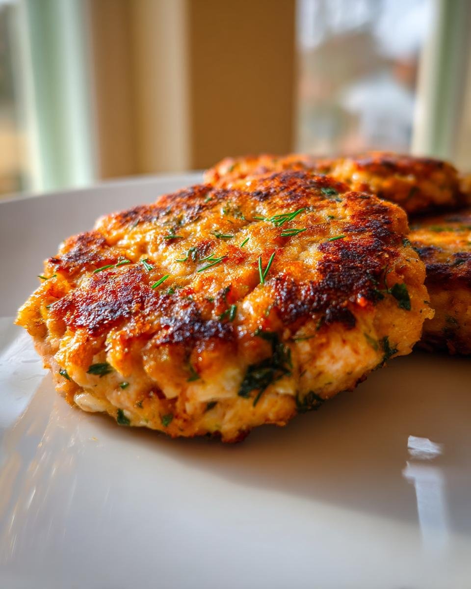 Close-up of golden-brown, pan-seared Salmon Burgers garnished with fresh herbs on a white plate.