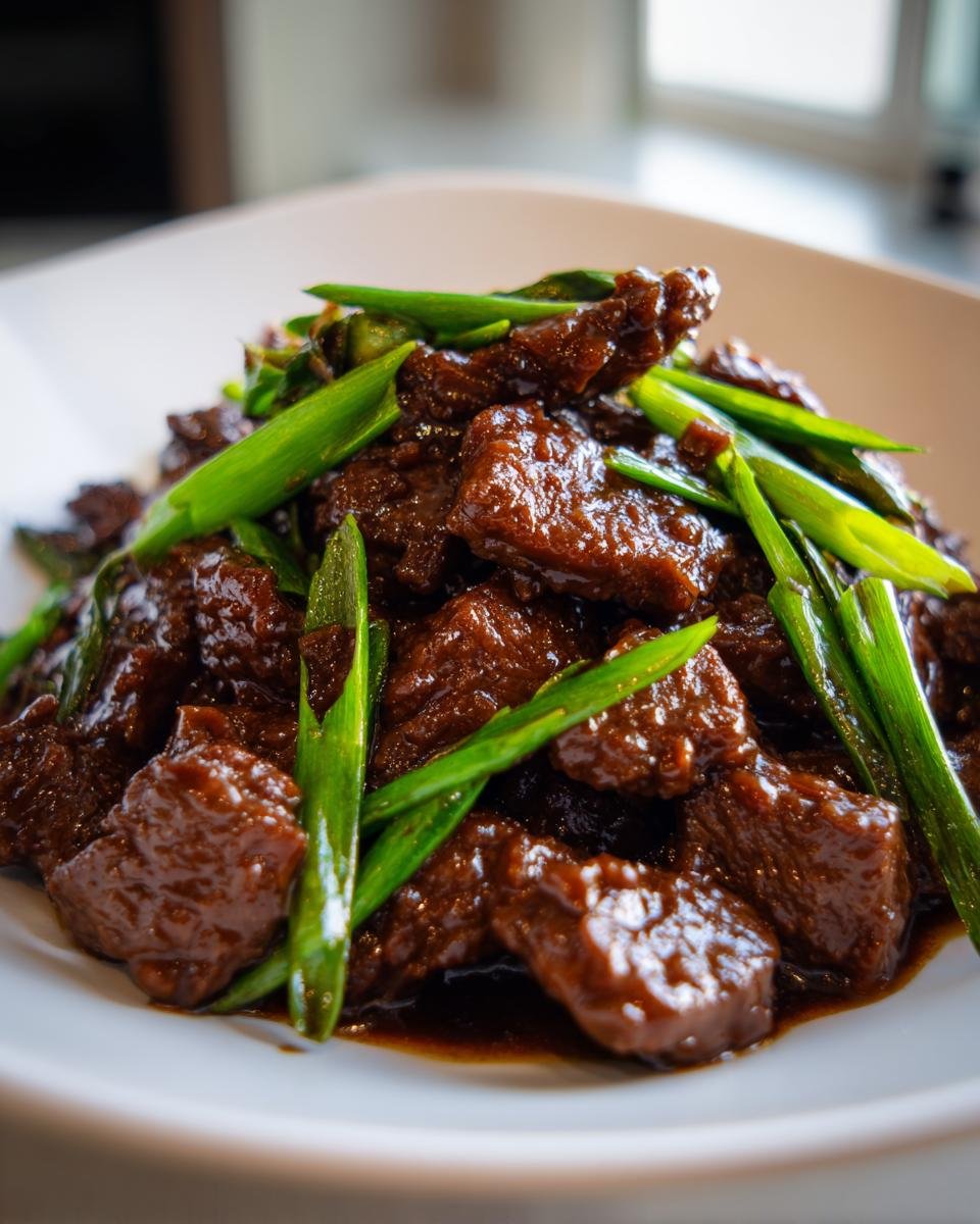 A close-up shot of glossy, saucy Mongolian Beef pieces topped generously with bright green sliced scallions.