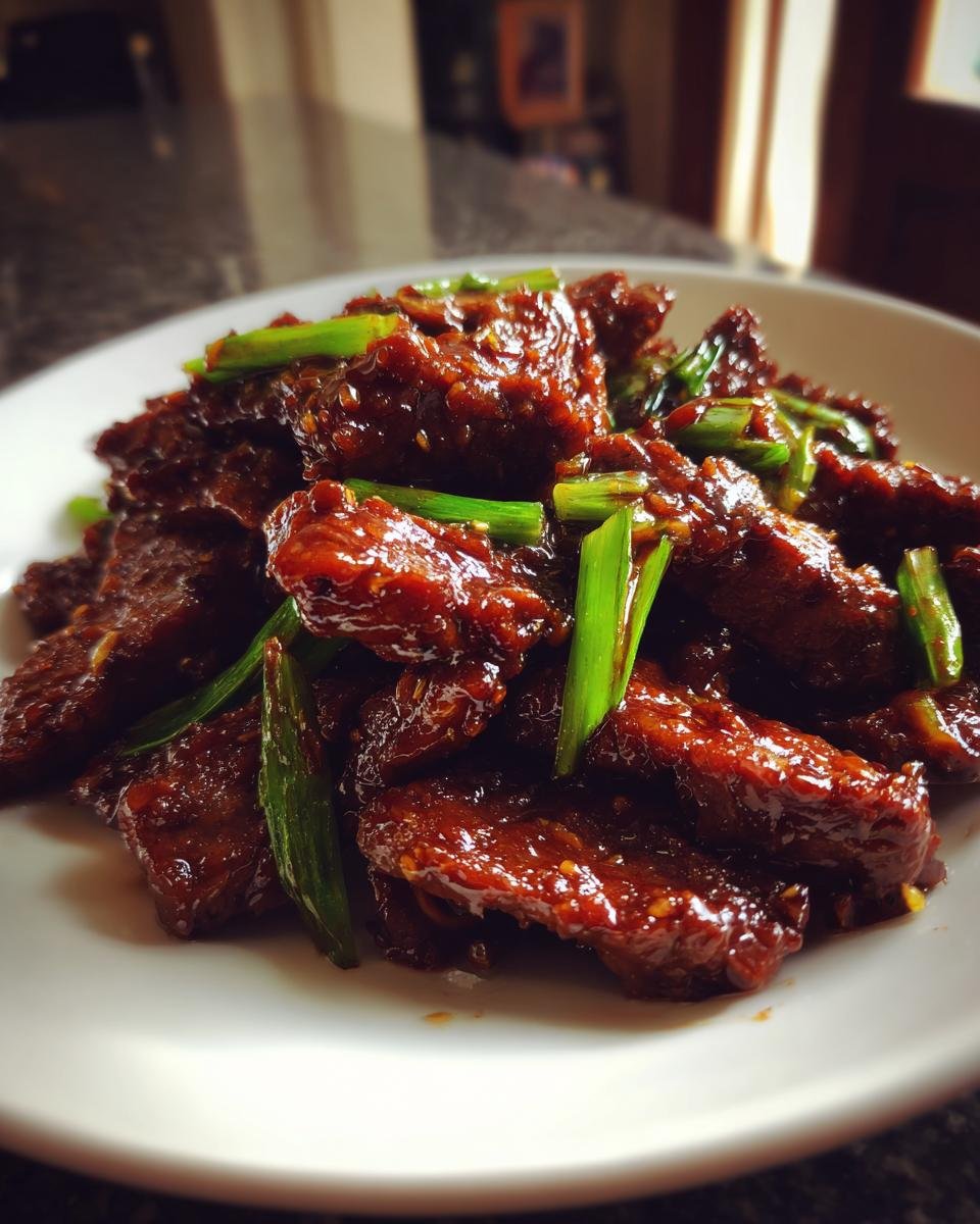 A close-up shot of glossy, dark brown Mongolian Beef strips tossed with bright green scallions on a white plate.