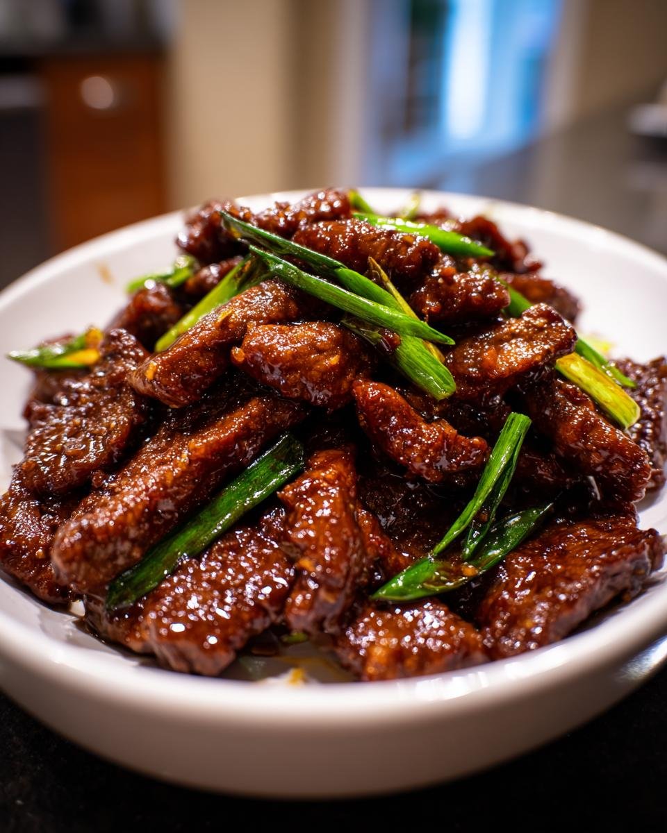 Close-up of glossy, saucy Mongolian Beef strips topped generously with bright green scallions.