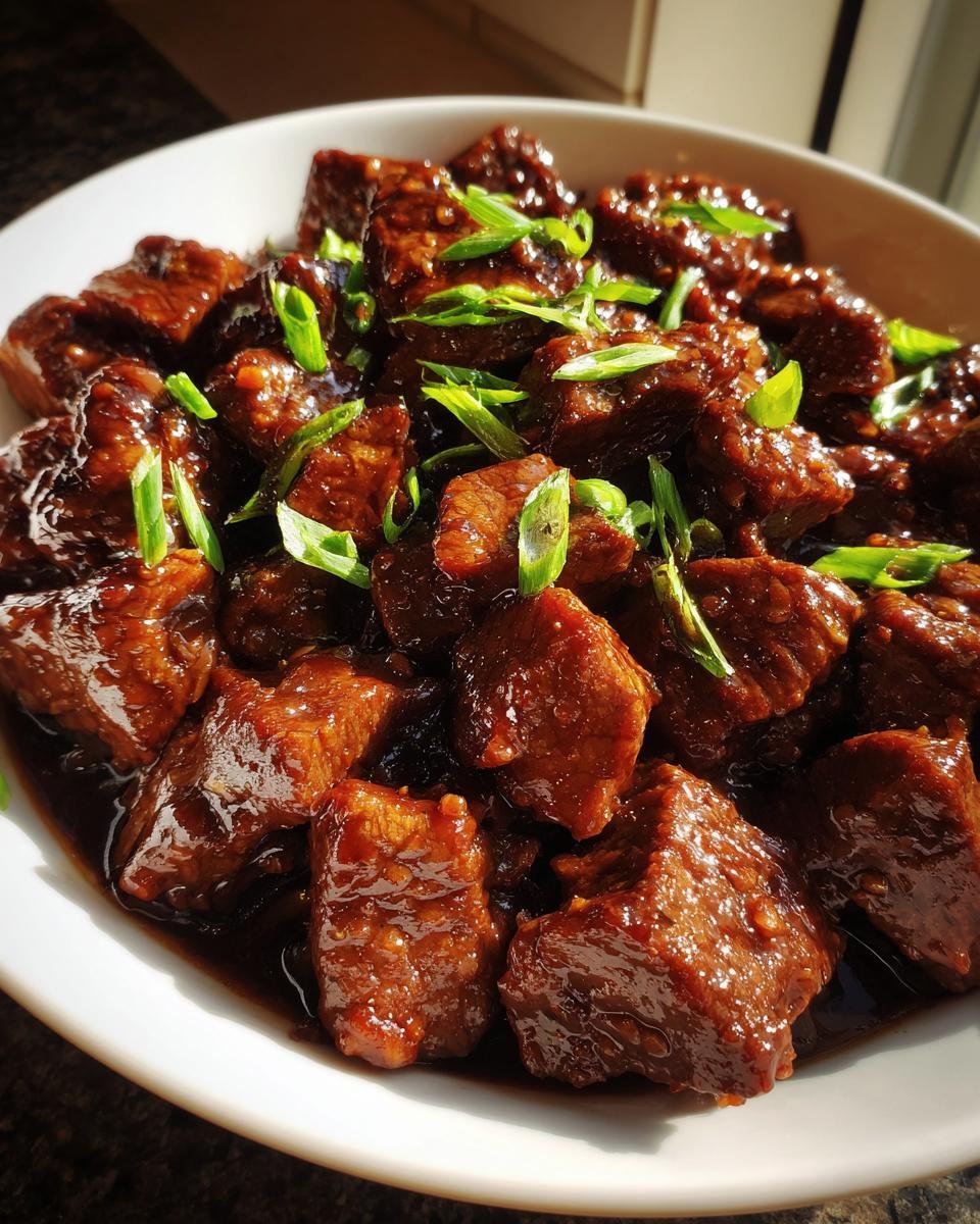 Close-up of tender, cubed Mongolian Beef coated in a rich, dark sauce and topped with fresh green onions.