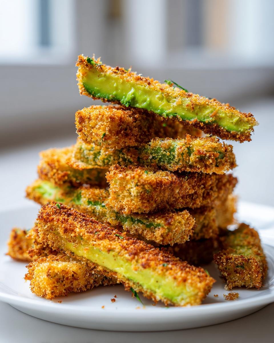 A tall stack of golden brown, crispy Air Fryer Avocado Fries on a white plate.