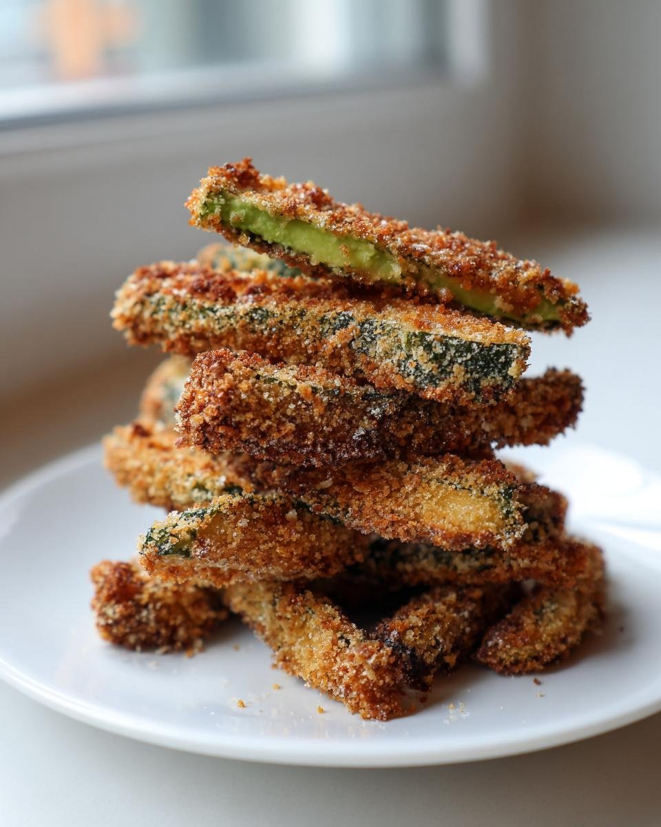 A stack of golden brown, crispy Air Fryer Avocado Fries piled high on a white plate.