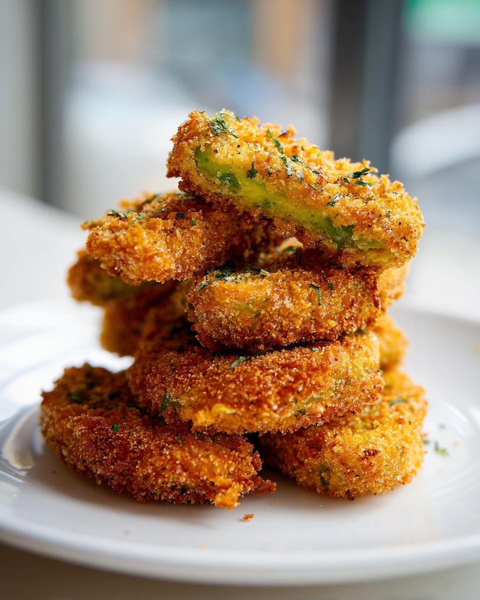 A stack of golden brown, crispy Air Fryer Avocado Fries sprinkled with parsley on a white plate.