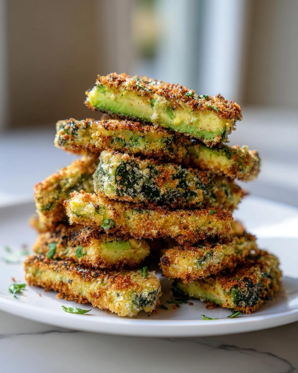 A tall stack of golden brown, breaded Air Fryer Avocado Fries piled on a white plate.