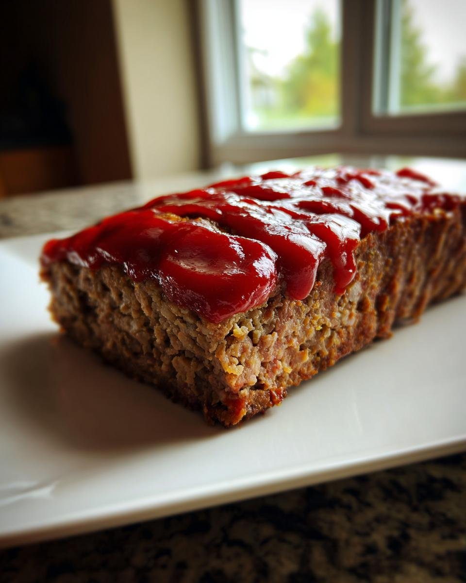 A perfectly cooked, rectangular Air Fryer Meatloaf topped generously with bright red ketchup glaze, resting on a white plate.