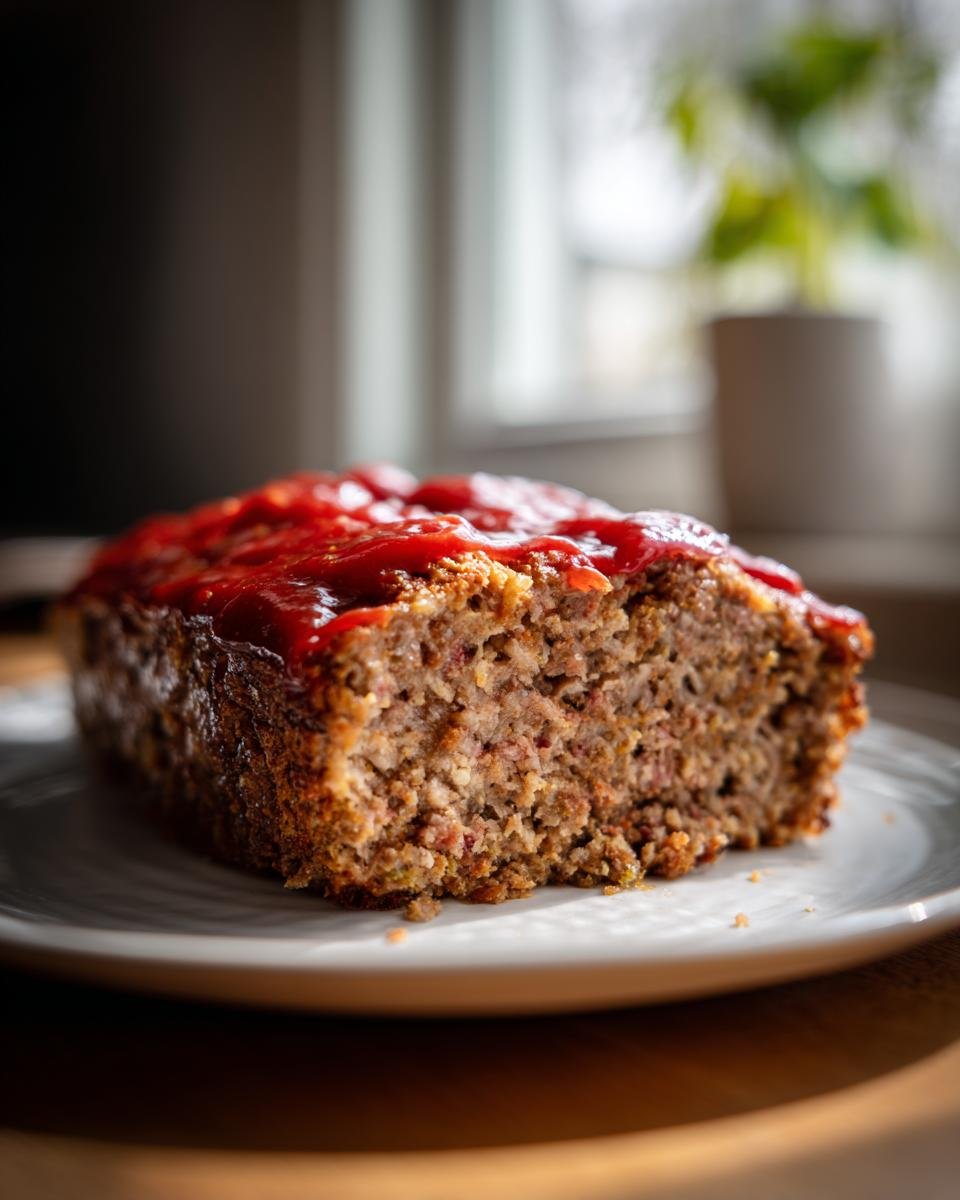 Close-up of a thick slice of juicy Air Fryer Meatloaf topped with bright red ketchup glaze on a white plate.
