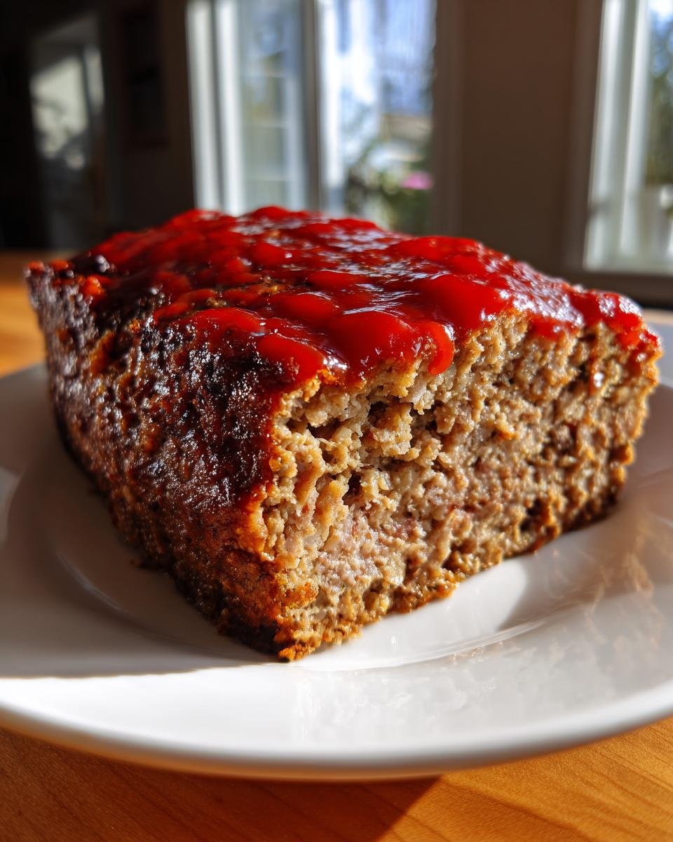 A close-up of a thick slice of juicy Air Fryer Meatloaf topped with a bright red ketchup glaze, served on a white plate.