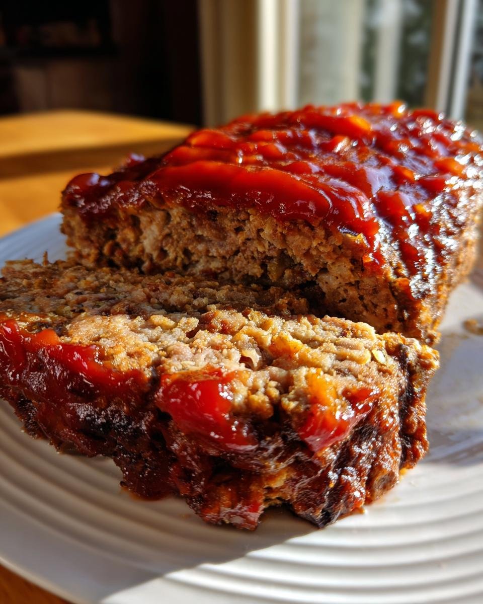 A close-up of a sliced Air Fryer Meatloaf topped with a thick, glossy ketchup glaze, showing its moist texture.