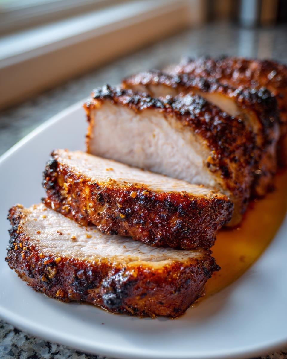 Close-up of sliced Air Fryer Pork Tenderloin showing a juicy interior and a dark, seasoned crust.