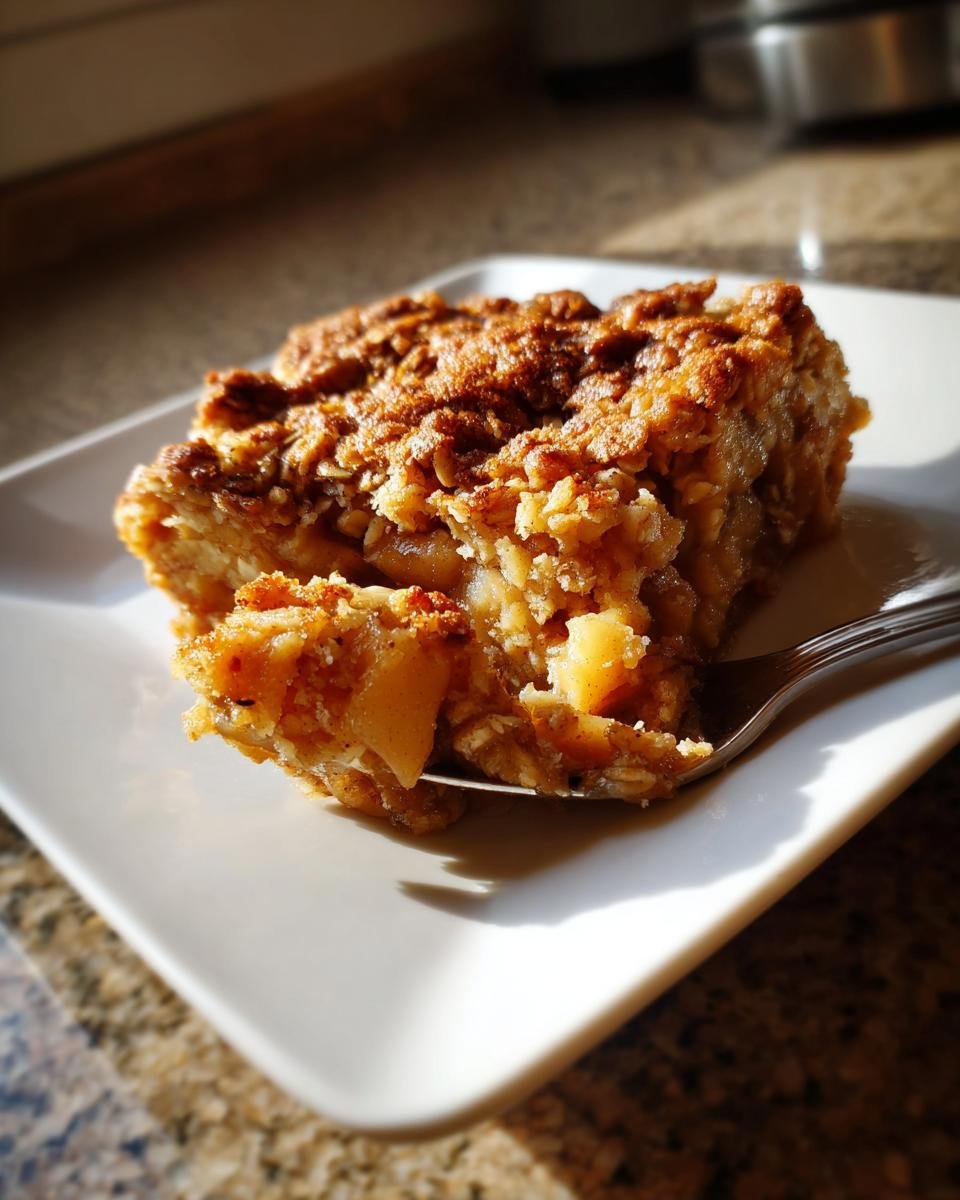 A fork lifts a piece of warm, golden brown Amazing Apple Crumble with visible oats and soft apple filling.