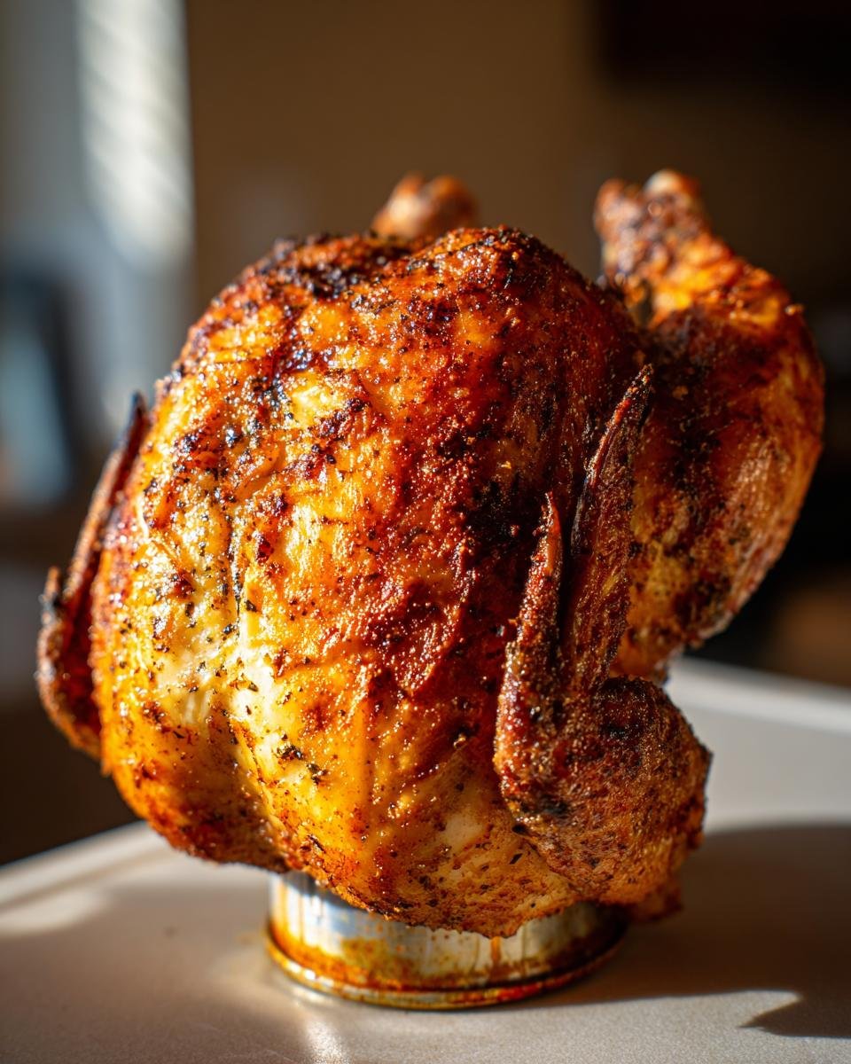 A whole, perfectly roasted Beer Can Chicken standing upright on a metal can, featuring deep golden-brown, crispy skin.