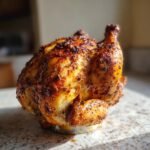 A whole, seasoned, and perfectly roasted Beer Can Chicken standing upright on a can.