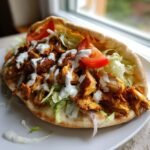 Close-up of a freshly made Chicken Shawarma sandwich stuffed with seasoned chicken, lettuce, tomato, and white sauce.