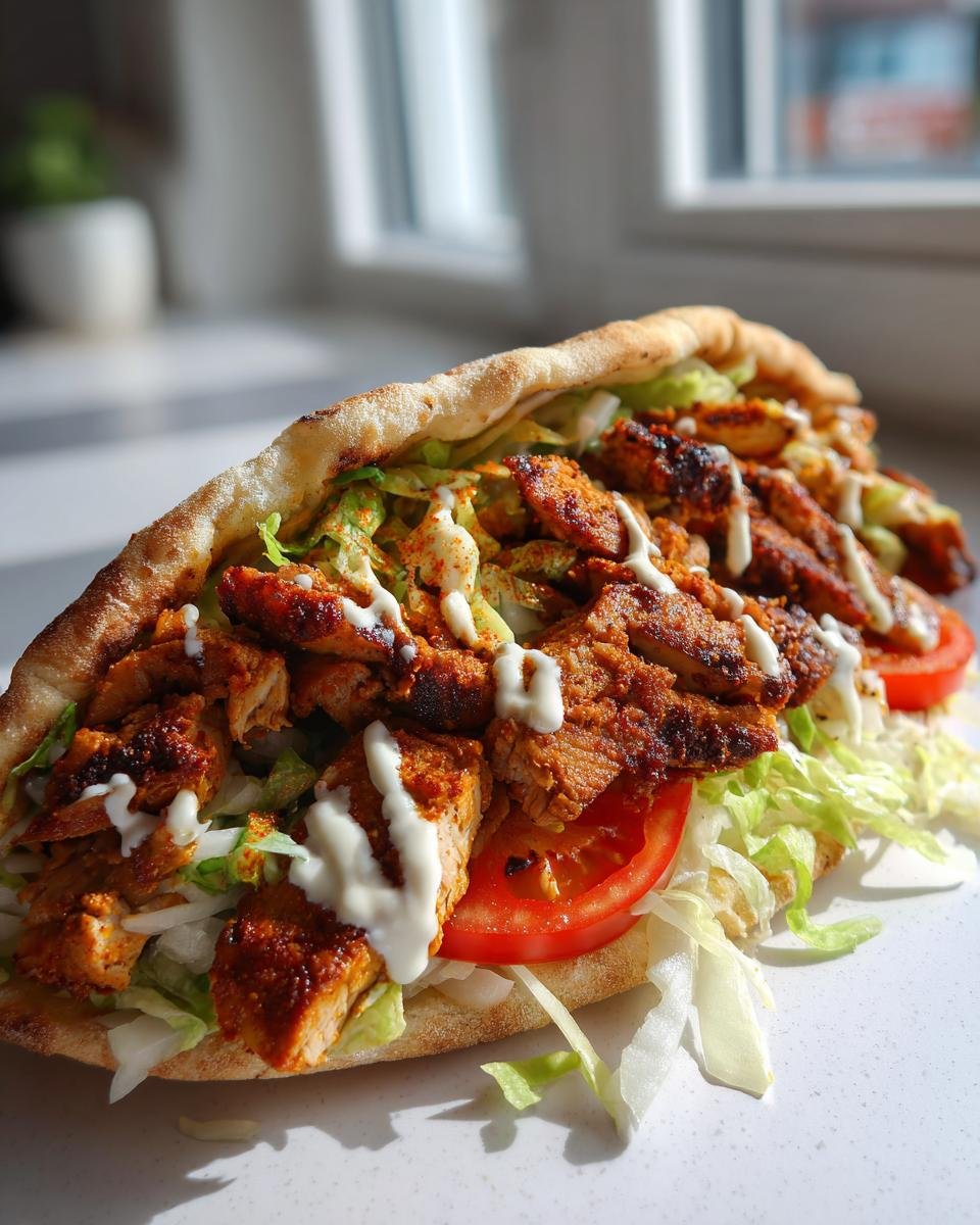 A close-up of a stuffed pita bread filled with seasoned Chicken Shawarma, lettuce, tomato, and white sauce.