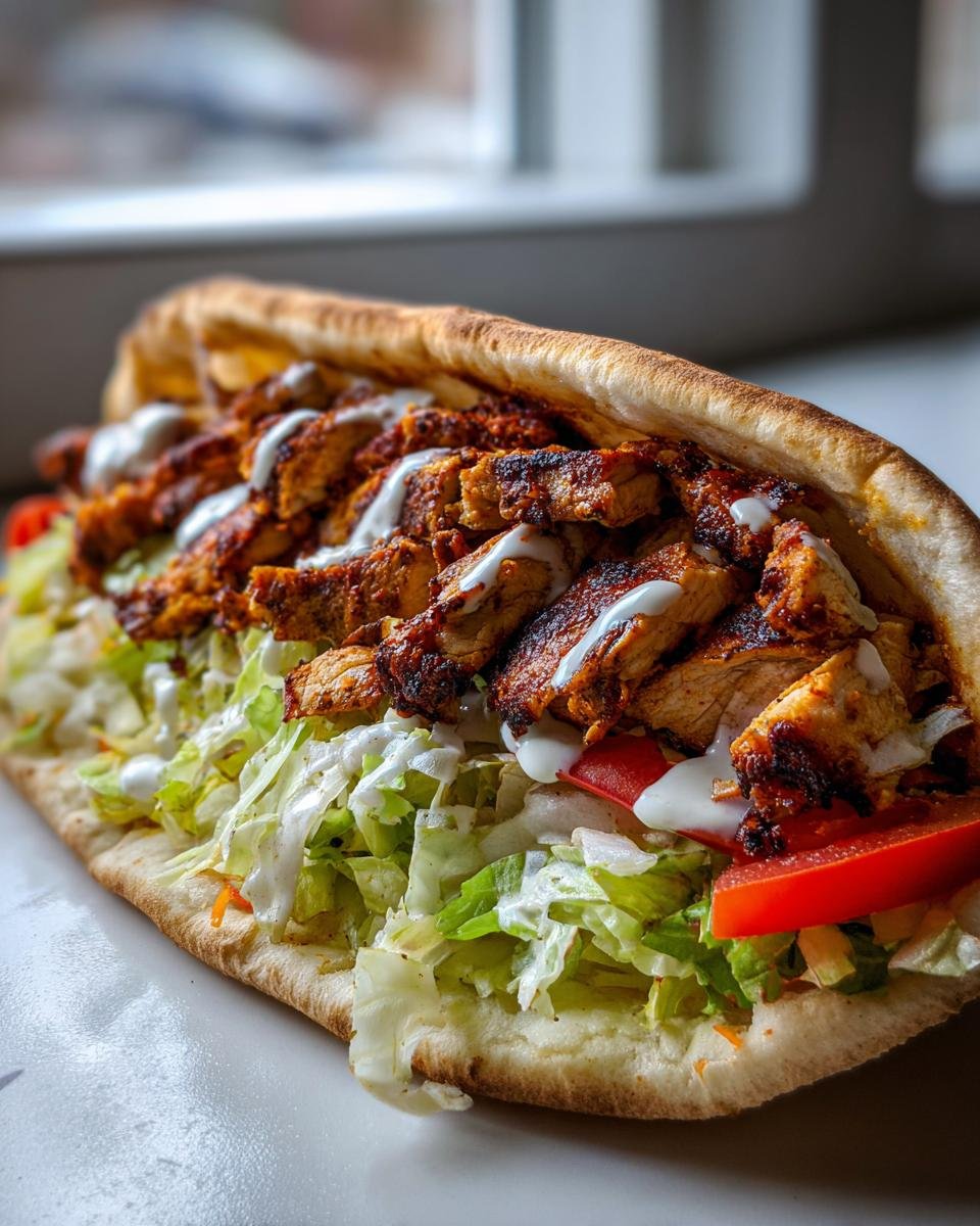 Close-up of a pita bread stuffed with seasoned Chicken Shawarma slices, lettuce, tomato, and white sauce.