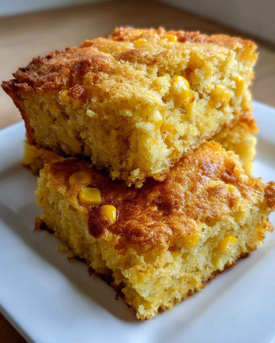Two golden-brown squares of moist Cornbread Casserole stacked on a white plate, showing visible corn kernels.