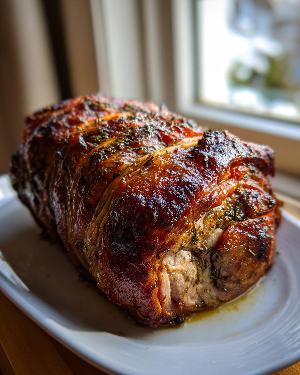 A beautifully roasted, tied Porchetta resting on a white platter, featuring dark, crackling skin and visible herbs.