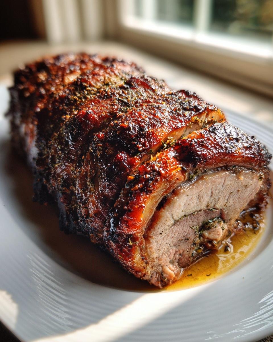 A close-up of a roasted Porchetta roast, sliced to show the juicy interior and crispy, seasoned skin.