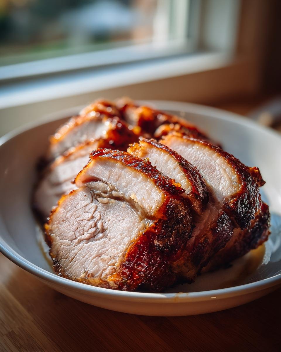 Slices of juicy Porchetta roast showing the crispy, browned skin and tender meat.