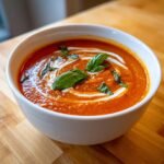 A vibrant bowl of Amazing Roasted Tomato Soup, swirled with cream and topped with fresh basil leaves.