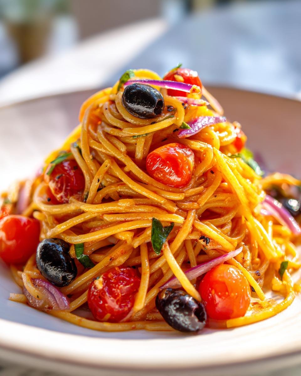 A close-up of a serving of vibrant Spaghetti Salad tossed with cherry tomatoes, black olives, and red onion slices.