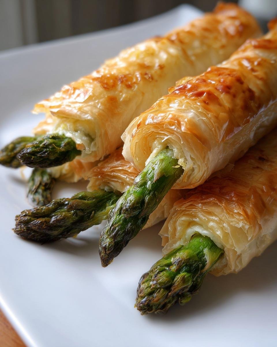 Close-up of golden, flaky Asparagus Phyllo Bundles with bright green asparagus tips showing.