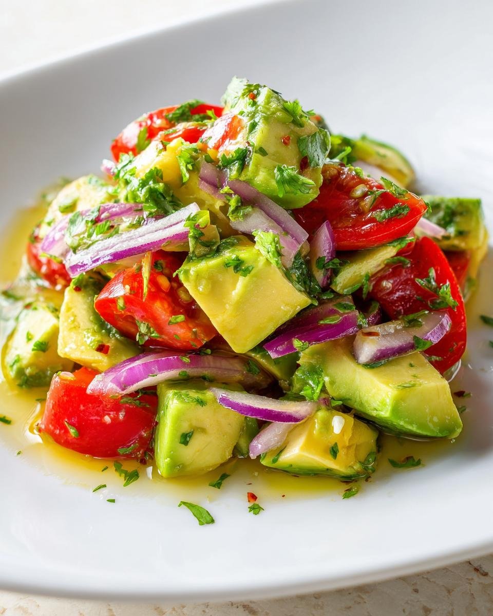 Close-up of a fresh Avocado Salad featuring diced avocado, bright red tomatoes, and slivers of red onion in a light dressing.
